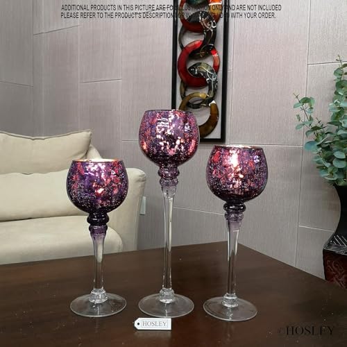 Hosley Set of 3 Crackle Purple Glass Tealight Holders 12 Inch, 10 Inch, 9 Inch Heights for Captivating Candlelight Ambiance Radiant Elegance - Image 5