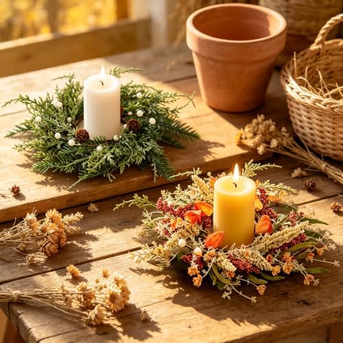 6 Pcs Fall Christmas Candle Rings Wreaths Mini Thanksgiving Xmas Candle Wreath Holder Table Centerpiece Small Autumn Swags Wreath for Kitchen Cabinets Pillar Farmhouse Home Porch Window Wall Decor - Image 2