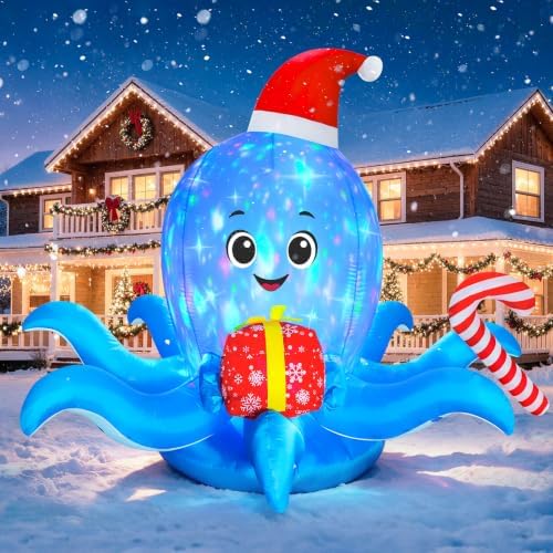 6.5 FT Christmas Inflatables Octopus Outdoor Yard Decoration, Blow Up Blue Octopus with Gift Box & Candy Cane, Built-in Rotating Flame LED Light for Garden Patio Lawn Holiday Home Party Porch by FunFansoHolidaysDecorations