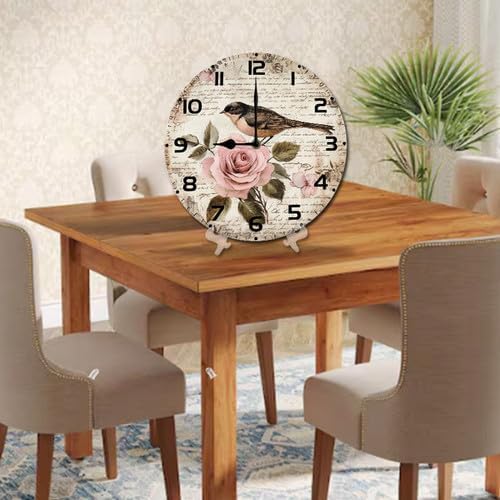 Love Birds Roses Flowers Wooden Silent Non-Ticking 10 Inch Round Clocks Battery Operated Analog for Living Room Kitchen Bedroom Bathroom Office Home School Decor