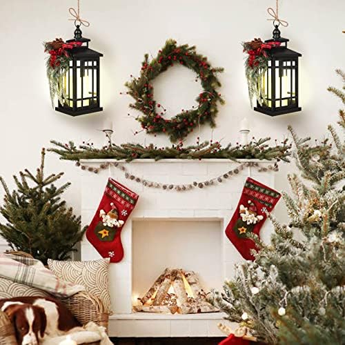 Metal Christmas Vintage Candle Lanterns with Led Light,Red Ribbon Decorative Hanging Lantern for Indoor Outdoor Decorations Party Gift, Christmas Porch Decor, WOKEISE - Image 2