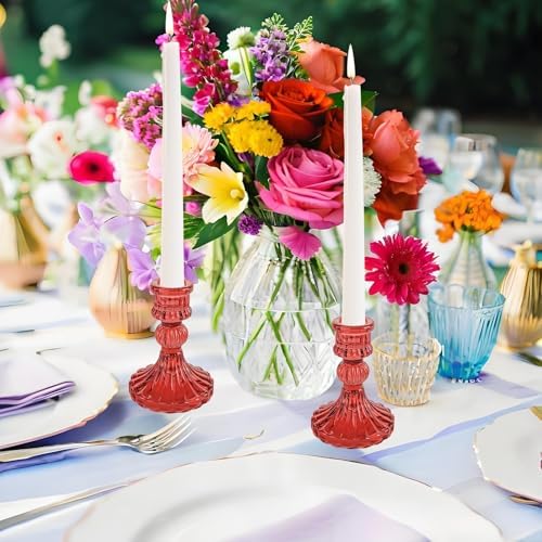 Red Glass Candlestick Holders, Taper Candle Holders, Set of 6 - Image 5
