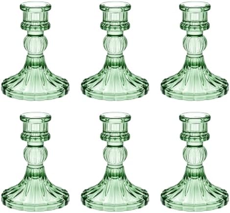 Green Glass Candlestick Holders, Taper Candle Holders, Set of 6 by ECHFSM