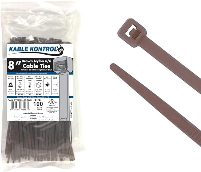 Kable Kontrol Brown Zip Ties 8 Inch 100 Pcs, 50 Lbs Tensile Strength, Self-Locking Nylon Colored Cable Ties Wire Wraps for Indoor or Outdoor Use
