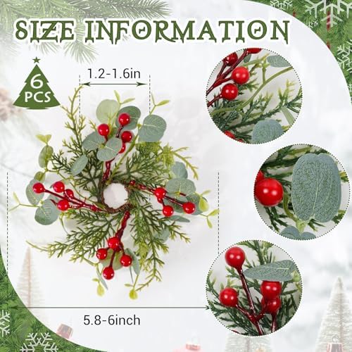 6 PCS Christmas Pine Taper Candle Rings Wreaths 1.38" Mini Norfolk Cedar Taper Candle Holder Wreaths Candle Rings with Berry for Xmas Winter Holiday Church Home Table Centerpiece Candlesticks Decor - Image 3