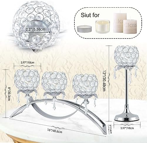 Set of 3 Silver Crystal Tea Light Candlestick Holders Flower Shape with Crystal Pendant Bowl Votive Metal Candle Holder for Table Centerpieces Wedding Home Decor - Image 4