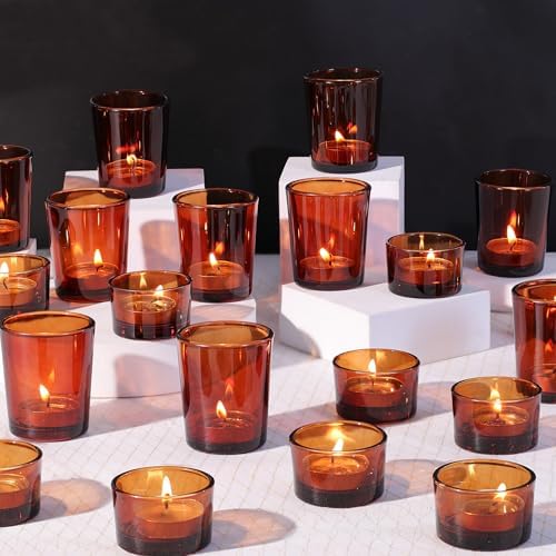 36pcs Assorted Amber Votive Candle Holders for Fall Decor, Amber Glass Candle Holder for Wedding Table Centerpiece, Tealight Candle Holder for Party, Thankgiving and Christmas Decorations by NITIME