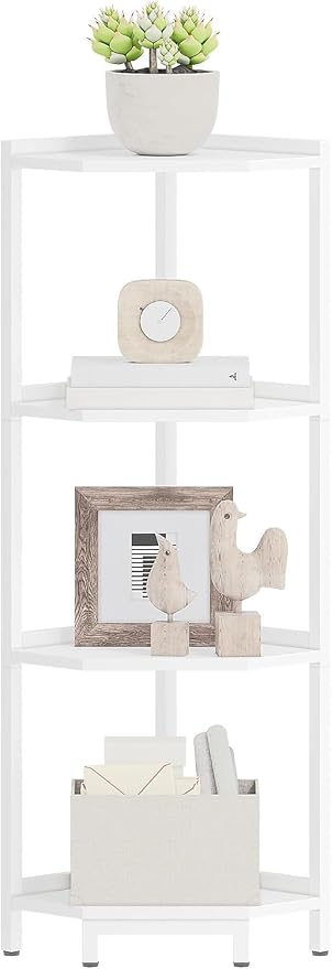 Hzuaneri Corner Shelf Stand, Corner Bookshelf, Storage Standing Shelf Unit with Metal Frame, Plant Stand, Bookcase for Living Room, Home Office, Bedroom, 4-Tier White CS05813W