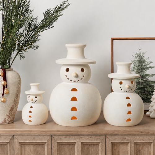 Christmas Decorations, Set of 3 Handmade Terracotta Snowman Figurines by Mythcloud