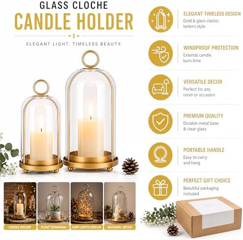 Glass Dome Candle Holders Set of 2, Antique Brass Metal Pillar Candle Holder, Hanging or Tabletop Hurricane Candle Holder for Home Decor, Farmhouse & Centerpiece (5.2” & 4.1”) - Image 4