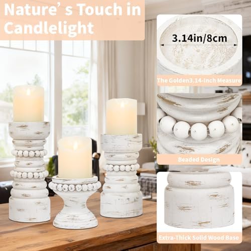 Rustic White Wood Candle Holders Set of 3, Farmhouse Beaded Wood Pillar Candle Holder, Candle Holders for Pillar Candles & Candlesticks, Candle Sticks Holder Decor for Table Centerpiece - Image 2