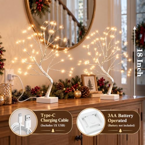 EAMBRITE Fairy Light Tree, 108 Led Light up Trees Decor Indoor, 8 Modes Fairy Light Spirit Tree for Christmas Decorations, USB& Battery Tabletop Bonsai Tree for Home Bedroom Decorations (2 PK, Sliver) - Image 3