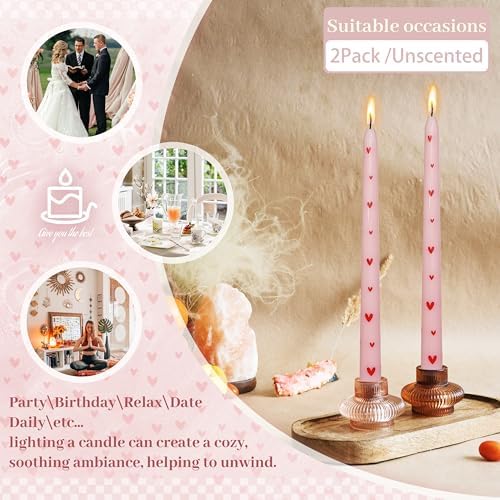 Pretty Pink Little Heart Taper Candle Sticks - Colorful candlesticks Unscented Party Gift Holiday Dinner Table Decorations 10 inch Set of 2 - Image 3