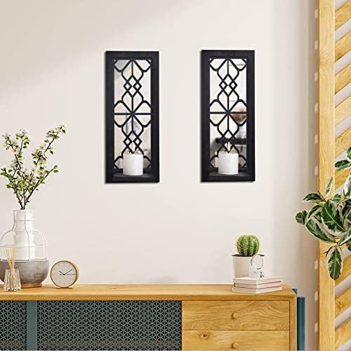 ZEXUIRU 2 Set Rustic Candle Sconces Living Room Bedroom Entryway Wood Mirrored, Farmhouse, Carved Frame Wall-Mount Wooden Candle Holders Wall Decor Hanging Handmade Holder - Black - Image 2