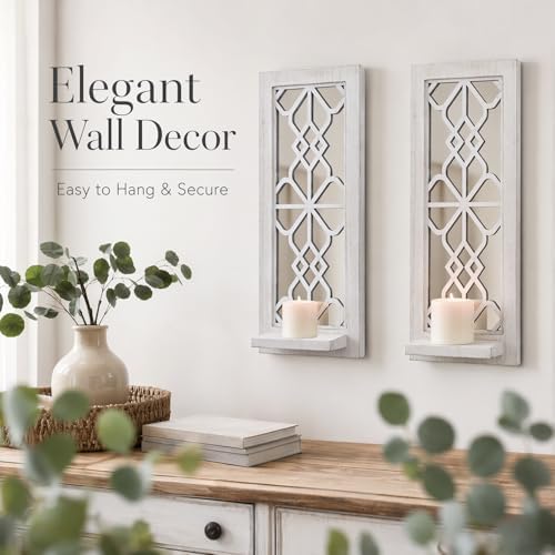 ZEXUIRU 2 Set Rustic Candle Sconces Living Room Bedroom Entryway Wood Mirrored, Farmhouse, Carved Frame Wall-Mount Wooden Candle Holders Wall Decor Hanging Handmade Holder - Distressed White - Image 3