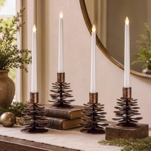 Yungyan 4 Pcs Christmas Pine Cone Taper Candle Holders 3.1 Inch Christmas Pinecone Candle Holder Metal Rustic Candlestick Holder Vintage Distressed Table Centerpiece for Xmas Holiday Farmhouse Decor - Image 4