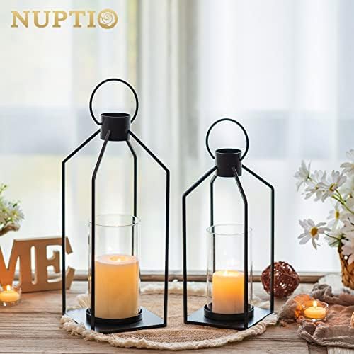 NUPTIO Decorative Lantern Candle Holder: Black Lantern with Hurricane Glass - Image 4