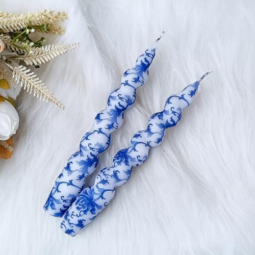 NJAO HOO Floral Taper Candles 7.5 in Spiral Candlesticks Hand Printed Blue and White Candlestick Twisted Taper Candle for Home Garden Decor 2 Pack - Image 5