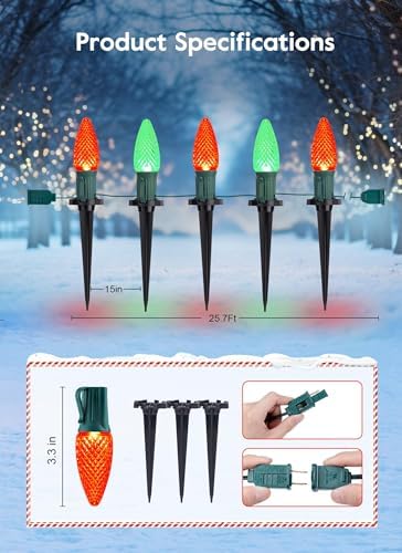 Brightown C9 Christmas Lights Outdoor, 25.7 Ft Strawberry C9 Pathway Lights with 20 LED Bulbs and Stakes, Christmas Decorations Outside Walkway Sidewalk Holiday, Red and Green - Image 4