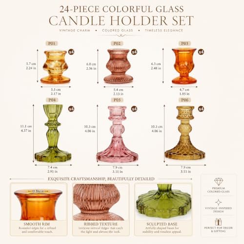 Colored Taper Candle Holders for Candlesticks, 6 Colors 6 Patterns Vintage Glass Candlestick Holders Set Fall Decor, for Wedding Table Centerpiece, Thanksgiving (24, Fall Mixed Color) - Image 3