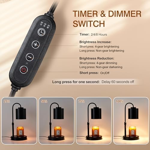 CASTLELIFE Candle Warmer Lamp with Timer & Dimmer, Height Adjustable Electric Wax Melt Warmer for Jar Candles, Gifts for Mom Home Decor, Black - Image 3