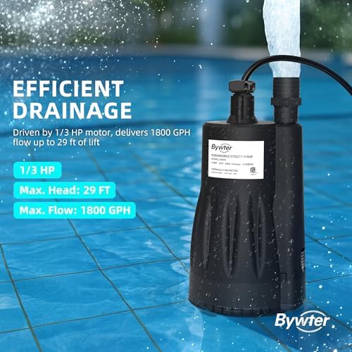 1/3 HP Submersible Water Pump, 1800 GPH, 29 FT Lift, Auto Start/Stop | IP68 nylon utility pump starts above 1 in and drains to 1/2 in, fits 3/4 in garden hose and 1-1/4 in drain hoses, 10 ft cord