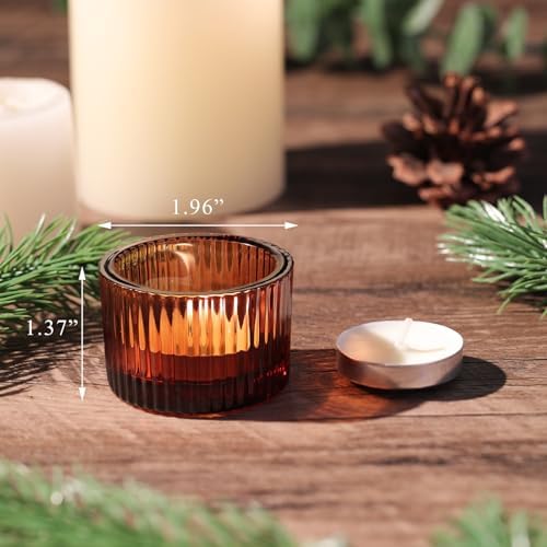 NITIME 30Pcs Ribbed Amber Votive Candle Holders for Fall Table Decor, Amber Tea Light Candle Holders with 32pcs Tea Light Candles for Wedding Decor, Home Decor and Party Decor - Image 2