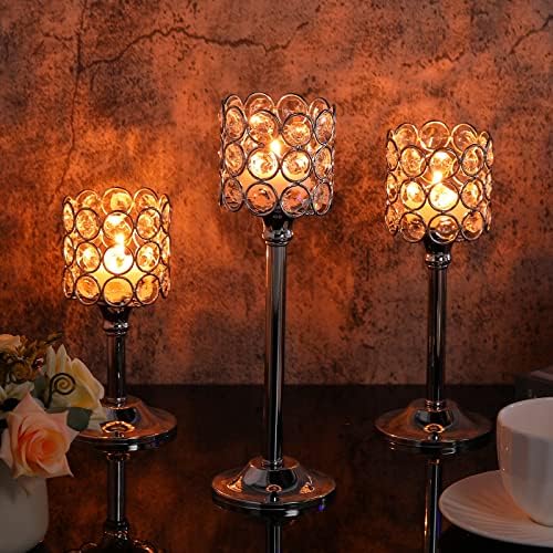 Mumufy 6 Pieces Crystal Candle Holders Set 3 Sizes Tall Crystal Wedding Candlestick Holders Pillar Candelabra Stand for Table Centerpieces for Christmas Party Wedding Dining Decoration (Silver) - Image 5