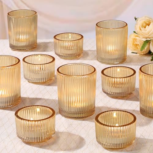 NITIME 10pcs Ribbed Gold Votive Candle Holders, Assorted Glass Tea Light Candle Holders for Wedding Centerpieces, Brithday, Party and Holiday Decorations by NITIME