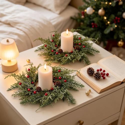 4 PCS Christmas Wreath Candle Rings Wreaths Mini Cedar Candle Holder Rings - Image 7
