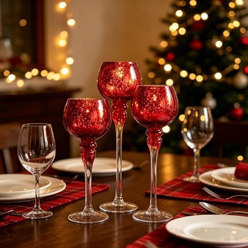 Hosley Set of 3 Crackle Red Glass Tealight Holders - 12 Inch, 10 Inch, 9 Inch Ideal for Weddings Special Events Parties Also Makes a Great Gift - Image 5