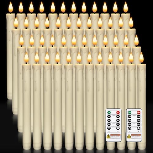 Homemory 48 Pcs Plastic Flameless Taper Candles with Remote Timer Dimmer, Taper Candles Battery Operated with Flickering Light, Ivory Led Candlesticks for Wedding Party Holiday Decoration 9.6 Inches by Homemory