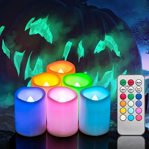 6 PCS Color Changing Remote Flameless Flickering LED Timer Votive Candles/Colored Battery Operated Tea Light Fake Candle for Outdoor Halloween Pumpkin Easter Christmas Decorations by CANDLEIDEA