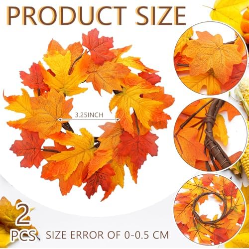 Daifunli 2 Pcs Fall Candle Rings Wreaths for Pillar 3.25 Inch Maple Leaves | Vintage Autumn Candles Holder, Artificial Table Centerpiece, Mini Fall Cabinet Wreath, for Thanksgiving Autumn Kitchen Decor - Image 2