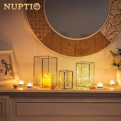 NUPTIO Hurricane Glass Candle Holders: 3Pcs Gold Lanterns Candle Holder for Pillar Candles Geometric Table Centerpiece for Outdoor & Indoor Wedding Christmas Holiday Party Decor 8.1 & 6.5 & 4.7 inch - Image 5
