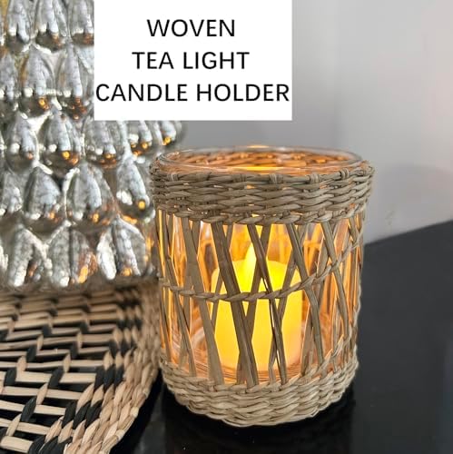 Wicker Rattan Woven Tea Light Candle Holder Set of 2, Handcraft Woven Votive Candle Holder, Rustic Vintage Seagrass Glass Votive Candle Holders for Dining Table Christmas Decoration - Image 6