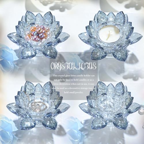 Crystal Lotus Flower Tealight Candle Holders/Glass Tea Light Candlestick Decor Decoration for Christmas Home Wedding Party… (Blue 1pc) - Image 5