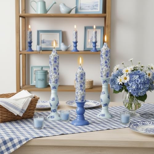 5 inch Short Blue Candle Floral Candle Sticks Printed Candlestick Handmade Unscented Taper Candle 4 Pack Flower Tapered Candles for Blue Home Dinner Wedding Holiday - Image 6