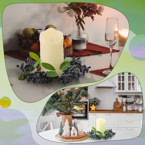 Daifunli 2 Pcs Christmas Candle Rings Blueberry Wreaths for Pillar 3.9 Inch Simulated Blueberries Candles Holder for Winter Christmas Xmas Wedding Home Rustic Table Centerpiece Decor - Image 6