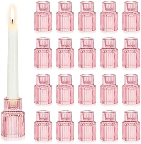 Hewory Glass Pink Candle Holder Bulk, 20PCS Valentines Taper Candle Holders by Hewory