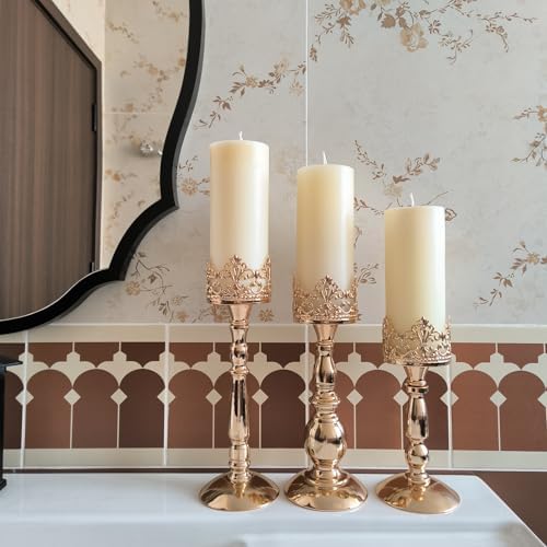 Candle Holders for Pillar Candles Set of 3 Gold Vintage Tall Candle Holders Decorative Large Table Centerpieces Candle Stand Decor - Image 3