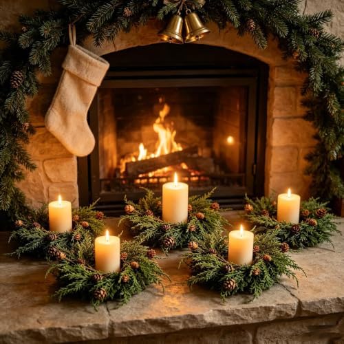 4 PCS Christmas Candle Rings Wreaths Mini Cedar Pine Candle Holder Rings - Image 6