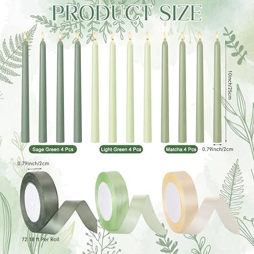 12 Pcs Sage Green Series Taper Candles with 3 Rolls of Ribbon - Image 2