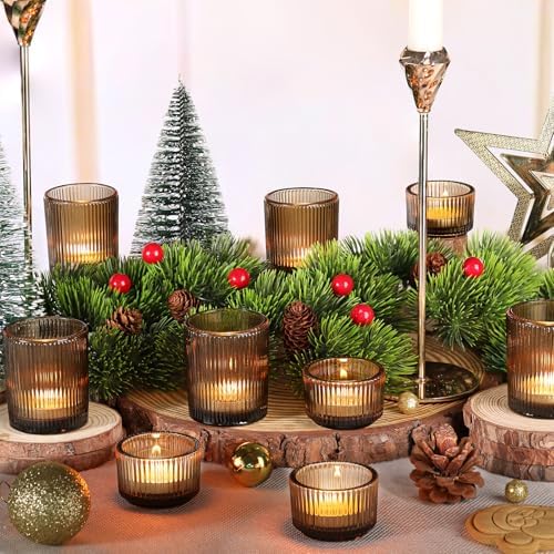 NITIME 20pcs Ribbed Amber Votive Candle Holders, Assorted Glass Tea Light Candle Holders for Fall Decor, Amber Candle Holders for Wedding Centerpieces, Thankgiving and Christmas Decorations - Image 6