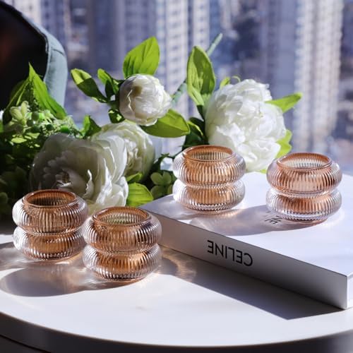 Woho Amber Votive Candle Holders, Ribbed Tealight Candle Holder Set of 6 - Image 7