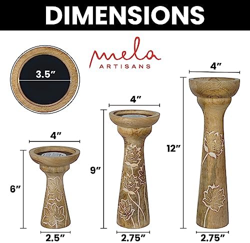 Mela Artisans Lotus Vine Mango Wood Candle Holders - Whitewash, Set of 3 - Image 2