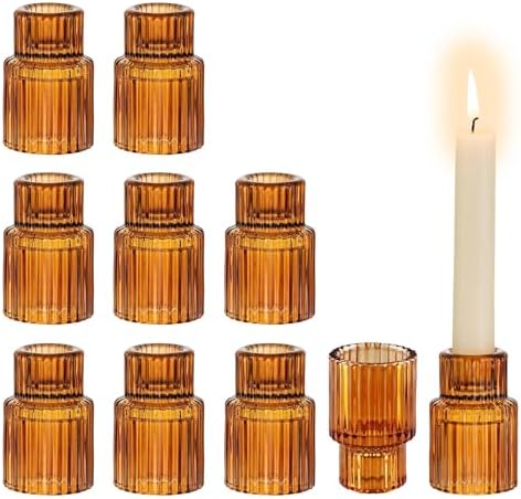 Glasseam Glass Tapered Candlestick Holders: 10 Pcs Amber Fall Table Decor by Glasseam