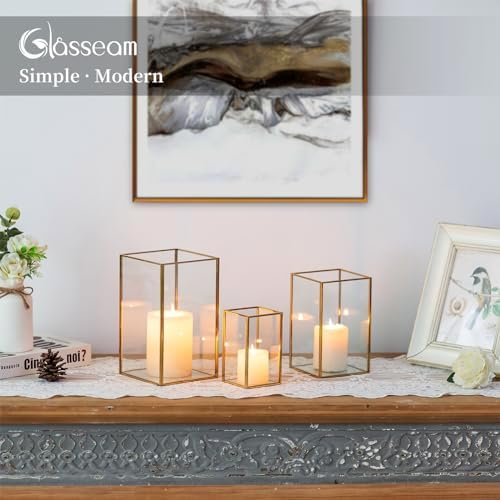 Glasseam Glass Hurricane Candle Holder: Set of 3 Gold Square Candle Holders for Pillar Candles Large for Table Centerpiece Wedding Christmas Decorative - Image 6