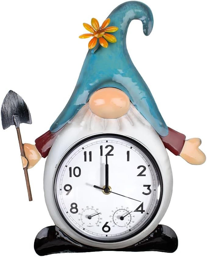 14.5'' Gnome Outdoor Clock with Thermometer & Humidity | Silent No-Ticking, Quartz Clock Waterproof, Decor for Patio, Living Room, Kitchen