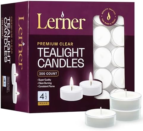 Lerner Clear Tea Lights Candles Bulk - 4.5 Hour Clear Cup Tealight 200 Pack - Consistent Smkless Clean Burning - Holiday, Wedding, Spa, Emergency and Home Decoration Candles by Lerner+Candles